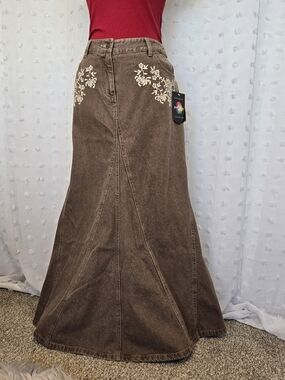Vintage 90s Deadstock Embroidered Brown Denim Maxi Skirt